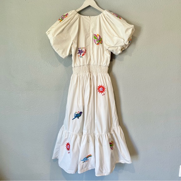 Ciebon Nordstrom Cream Puff Sleeve Embroidered Tropical V Neck Midi Dress small - Picture 6 of 6